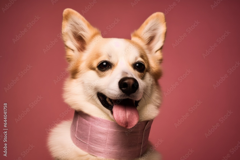 Close-up portrait photography of a happy norwegian lundehund wearing a bandage against a dusty rose background. With generative AI technology Close-up portrait photography of a happy norwegian lundehund wearing a bandage against a dusty rose background. With generative AI technology