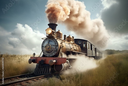 A train with a cheerful expression and billowing steam. Generative AI