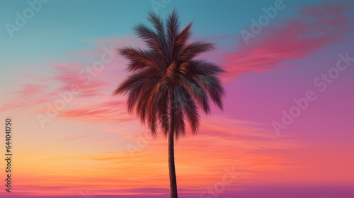 A palm tree on a beach at sunset