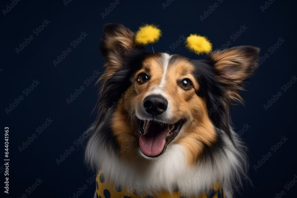 Medium shot portrait photography of a smiling shetland sheepdog wearing a bee costume against a navy blue background. With generative AI technology Medium shot portrait photography of a smiling shetland sheepdog wearing a bee costume against a navy blue background. With generative AI technology