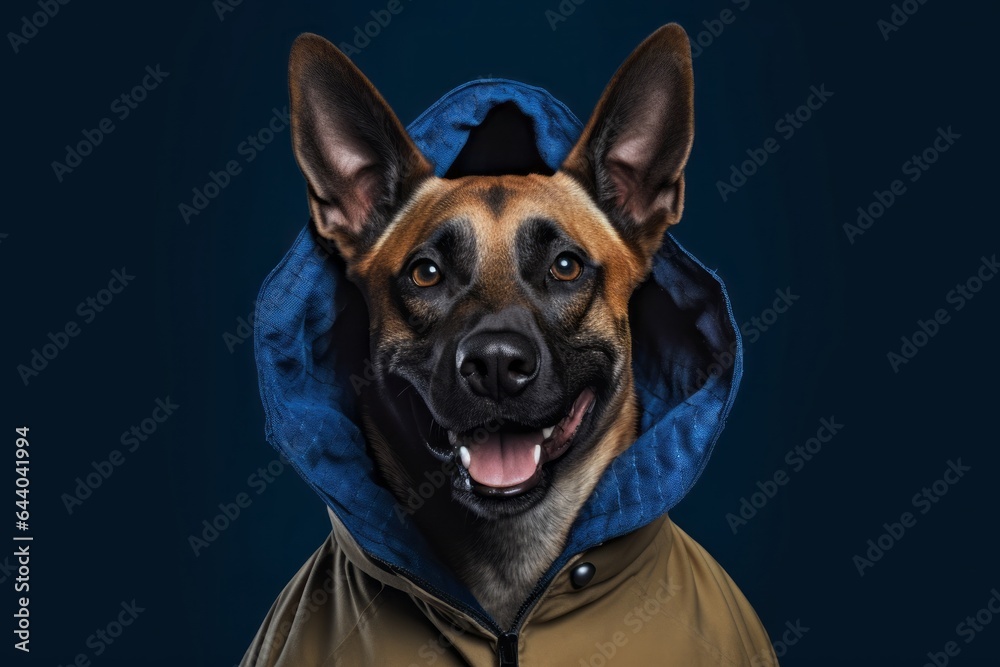 Obraz premium Medium shot portrait photography of a smiling belgian malinois dog wearing a parka against a navy blue background. With generative AI technology