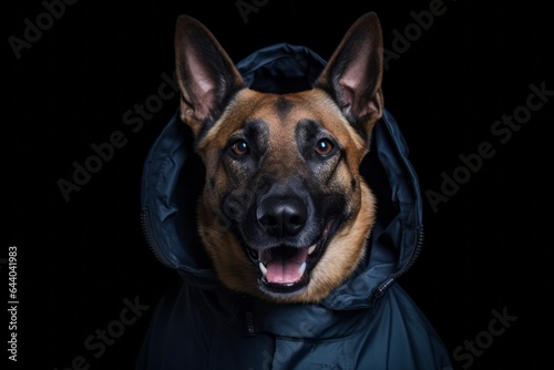 Medium shot portrait photography of a smiling belgian malinois dog wearing a parka against a navy blue background. With generative AI technology