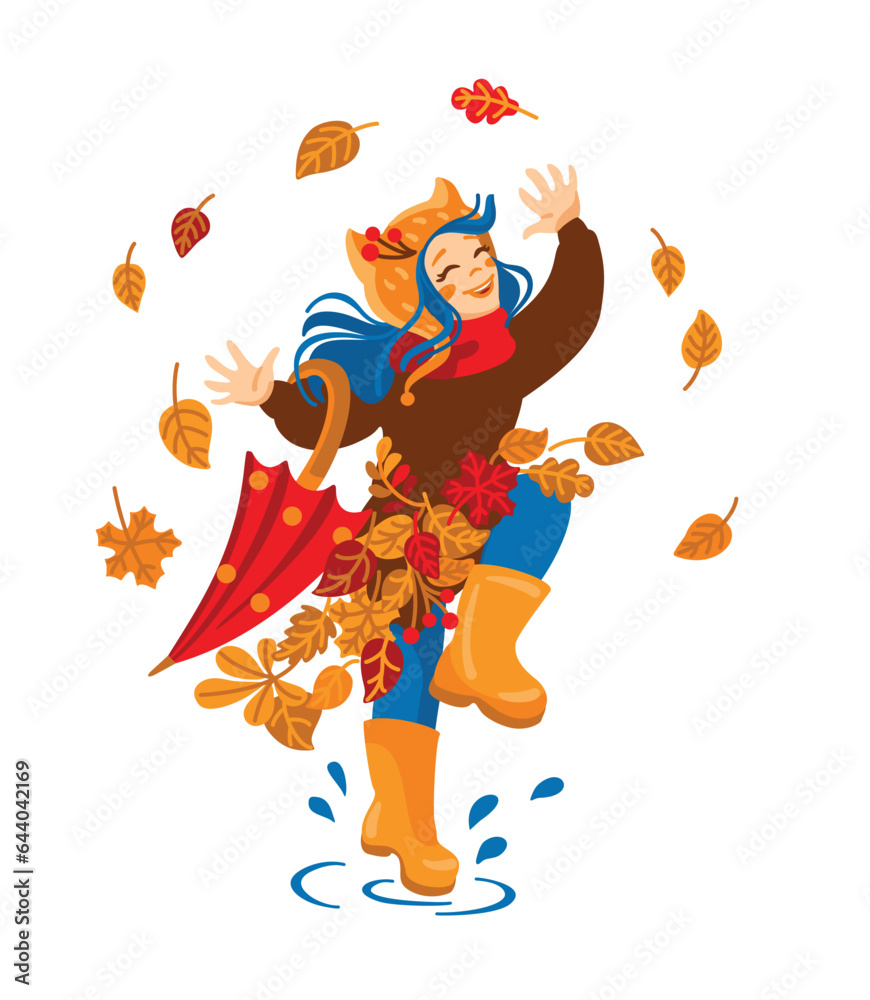 Naklejka premium Funny girl jumping through puddles in an autumn park. Vector.