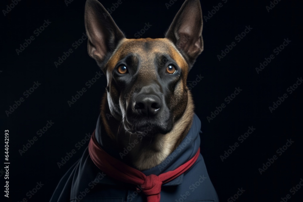 Environmental portrait photography of a funny belgian malinois dog wearing a sailor suit against a matte black background. With generative AI technology