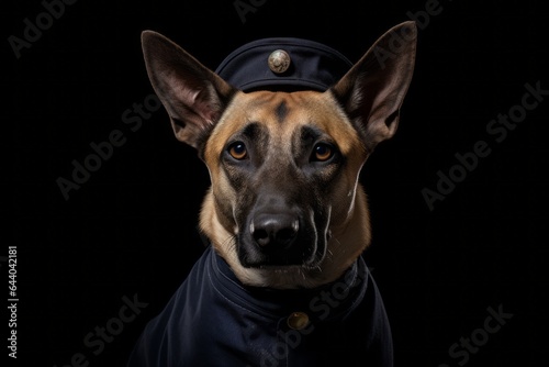 Environmental portrait photography of a funny belgian malinois dog wearing a sailor suit against a matte black background. With generative AI technology © Markus Schröder