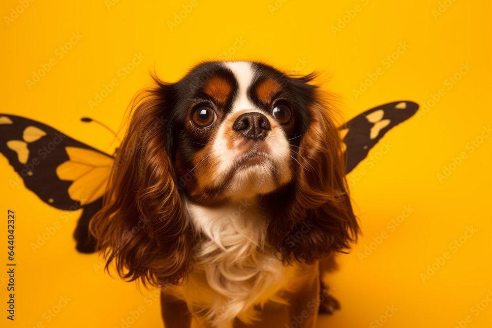 Environmental portrait photography of a happy cavalier king charles spaniel dog wearing a butterfly wings against a bright yellow background. With generative AI technology