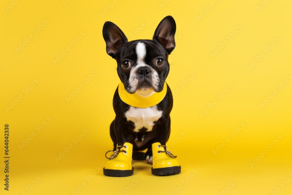 Medium shot portrait photography of a cute boston terrier wearing a paw protector against a bright yellow background. With generative AI technology