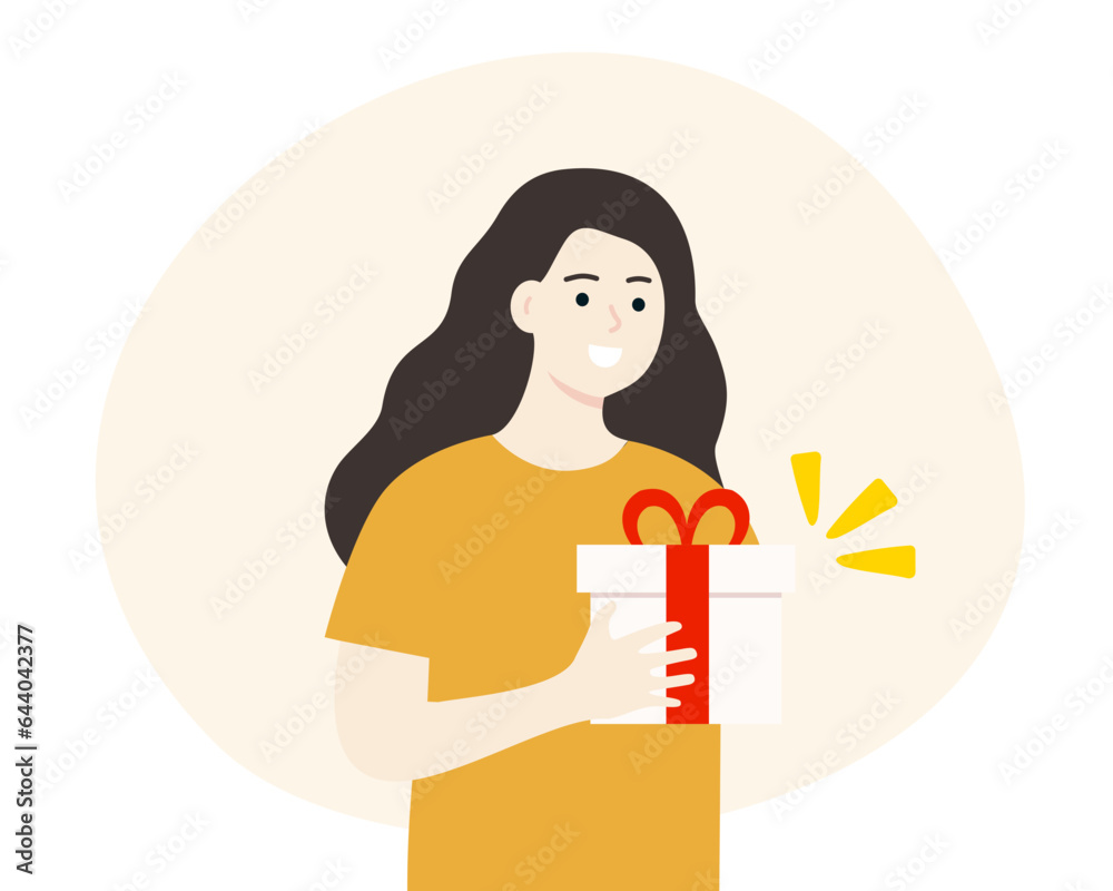 Happy young woman received present. Smiling Girl hand holding a surprise gift. Birthday, anniversary, Christmas, holiday celebration concept. Flat vector design illustration.