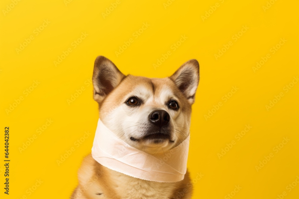 Close-up portrait photography of a cute akita wearing a bandage against a bright yellow background. With generative AI technology Close-up portrait photography of a cute akita wearing a bandage against a bright yellow background. With generative AI technology