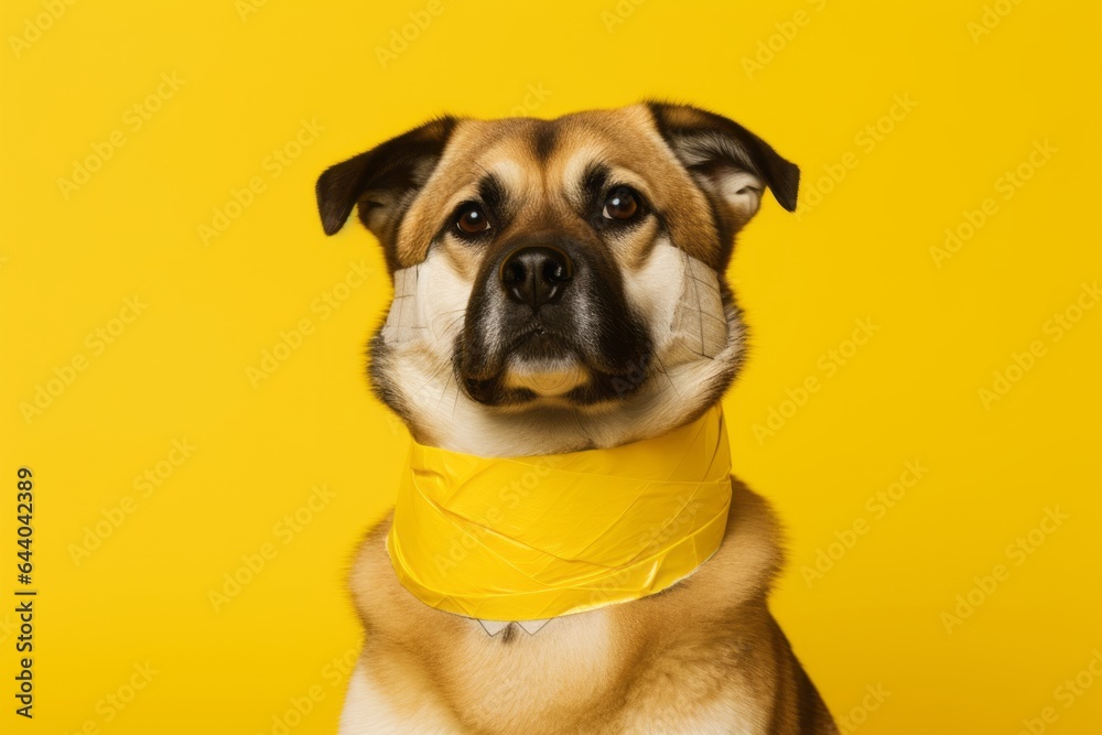 Close-up portrait photography of a cute akita wearing a bandage against a bright yellow background. With generative AI technology