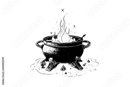 Boiling witch's cauldron hand drawn ink sketch. Engraving style vector illustration.