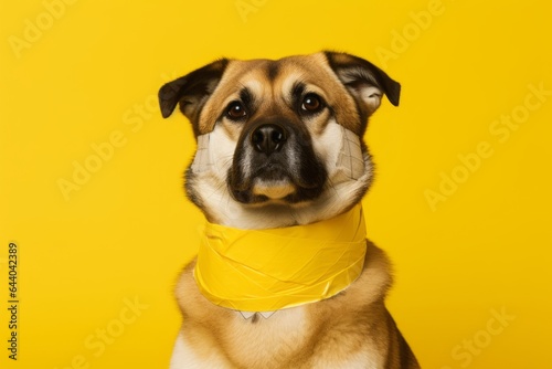 Close-up portrait photography of a cute akita wearing a bandage against a bright yellow background. With generative AI technology
