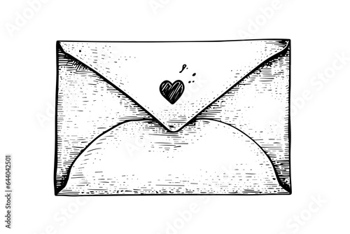 Envelope with heart hand drawn ink sketch. Engraving vintage style vector illustration.