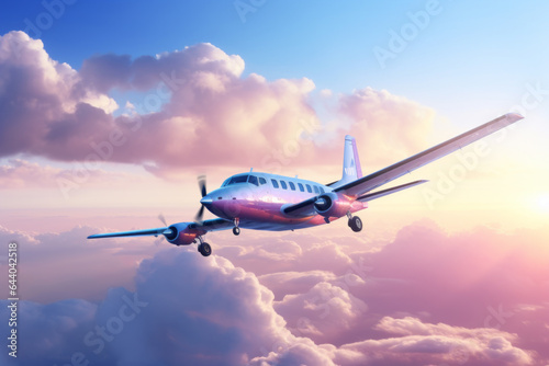 The golden age of aviation. Flight. A plane flying through a colourful sky. Stylized image. Going on holiday. Taking a vacation. Exciting.