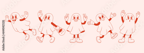 Funny ghosts in different poses. Groovy funky vector illustration in retro style.