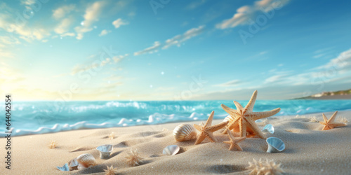 A beach scene. Beach sand. Summer vibes. On vacation, summer break. Relaxing at the beach. Starfish. Marine life. Idyllic location. Waves, surfing. Blue skies. 