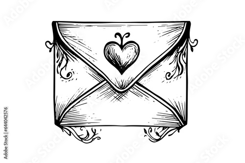 Envelope with heart hand drawn ink sketch. Engraving vintage style vector illustration.