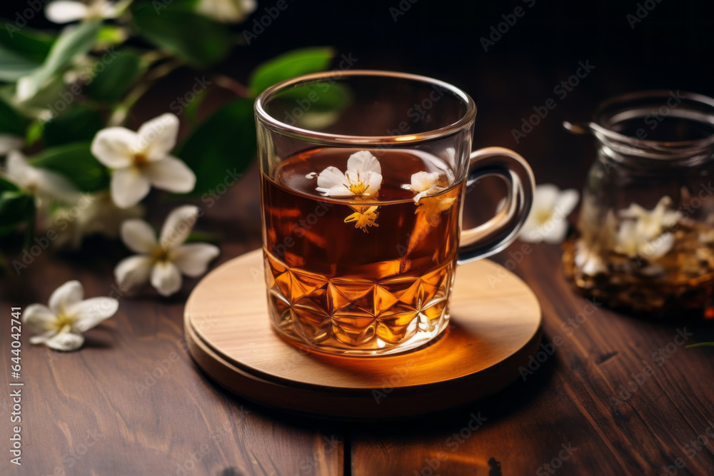 A cup of tea in a glass mug, with a flower floating in it. On wood coaster. Asian inspired. Asian influence. Sweet tea. Ice tea. Hot tea. Still life.