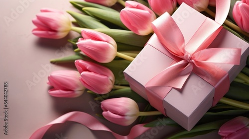 A white box with a pink ribbon and a bunch of pink tulips © cac_tus