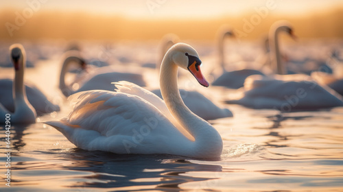 Fototapeta Naklejka Na Ścianę i Meble -  A flock of swans floats on the surface of the lake. Environment protection concept. 