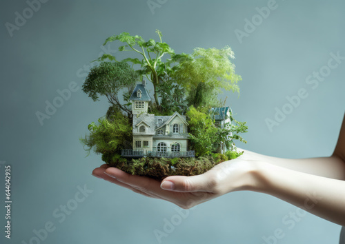 A hand holding a small house and plant. Sapling. Nurturing growth. Metaphor. Growing career. Business growth. Saving for a house. House deposit. Investing in the future. Retirement planning.
