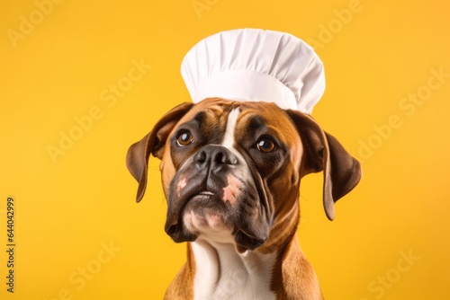 Close-up portrait photography of a happy boxer dog wearing a chef hat against a pastel yellow background. With generative AI technology © Markus Schröder