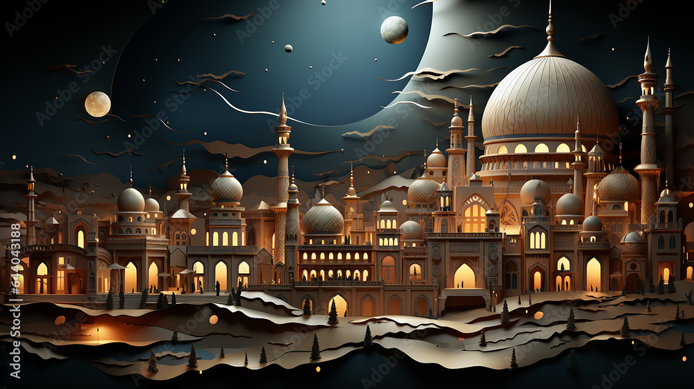 golden arab palace greeting lights up at night fairy tale black background. - obrazy, fototapety, plakaty 