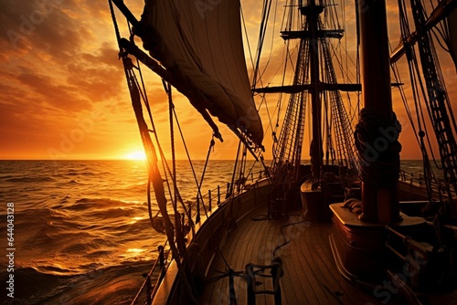 Silhouetted sails of a classic tall ship at sunrise on the Atlantic. Generative AI