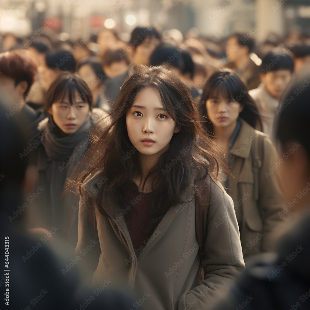 An Asian woman navigating the vibrant urban landscape as throngs of people move past her, embodying the lively spirit of the city.
