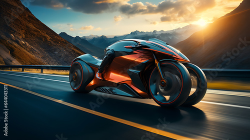 Futuristic sport motorcycle with the nature laandscape view