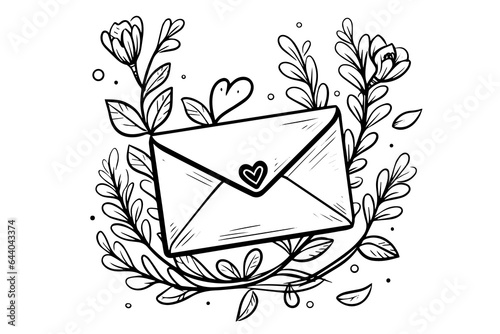 Envelope with heart and flower hand drawn ink sketch. Engraving vintage style vector illustration.