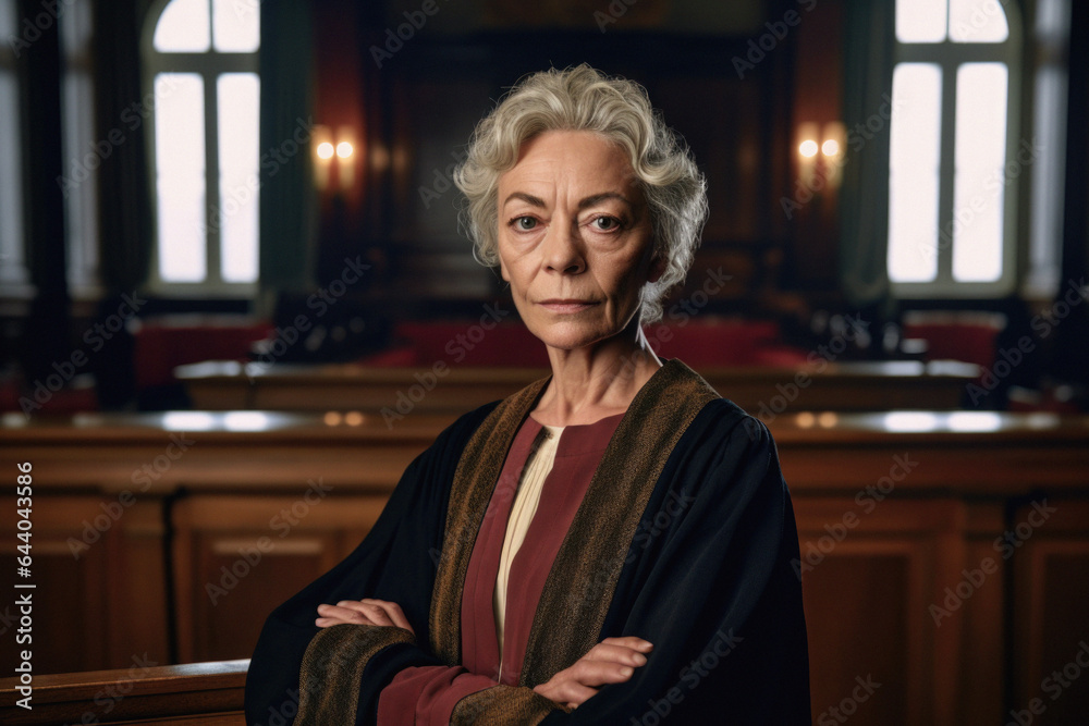 Powerful mature woman judge portrait in courtroom