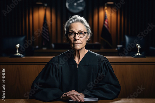 Powerful mature woman judge portrait in courtroom