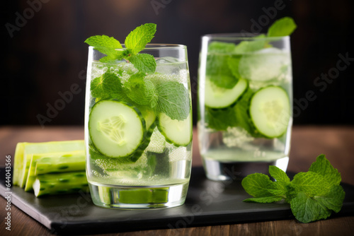 Cucumber water. Refreshing drink. Summer drink. Bar vibes. Ice water with cucumber. Garnish. Cucumber. On a tray. Detox. Wellness. Lifestyle