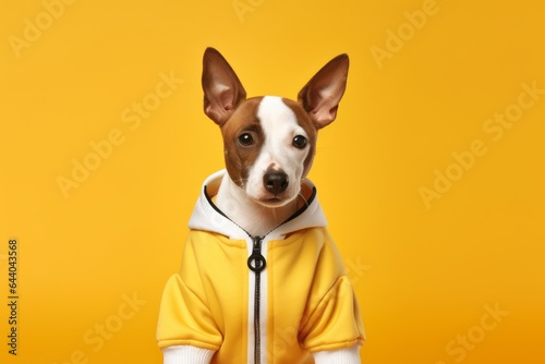 Full-length portrait photography of a cute basenji dog wearing a sports jersey against a pastel yellow background. With generative AI technology
