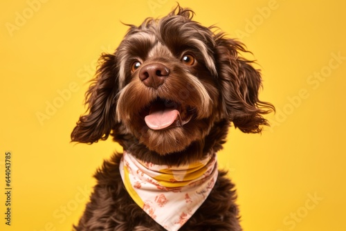 Photography in the style of pensive portraiture of a happy lowchen dog wearing a bandana against a pastel yellow background. With generative AI technology