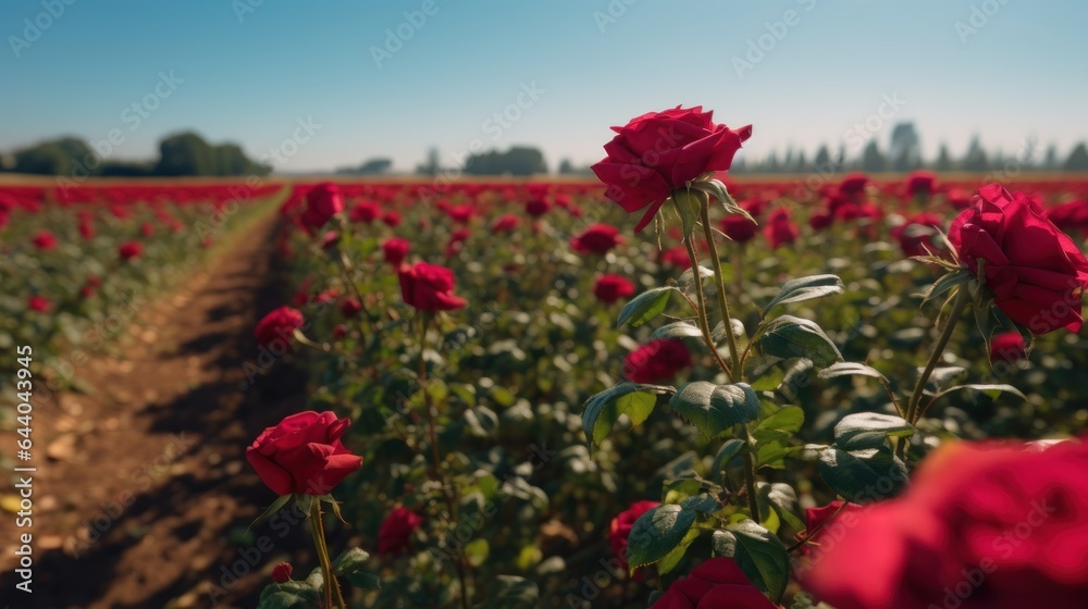 Roses growing on a field in the countryside. Mother's day concept with a space for a text. Valentine day concept with a copy space.