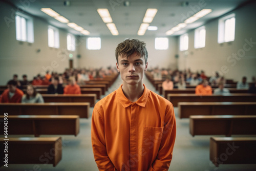 Man wearing prisoner orange jumpsuit portrait