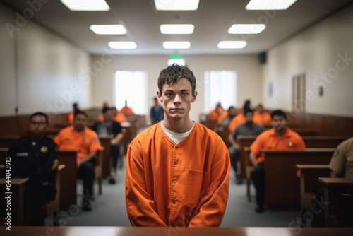 Man wearing prisoner orange jumpsuit portrait photo