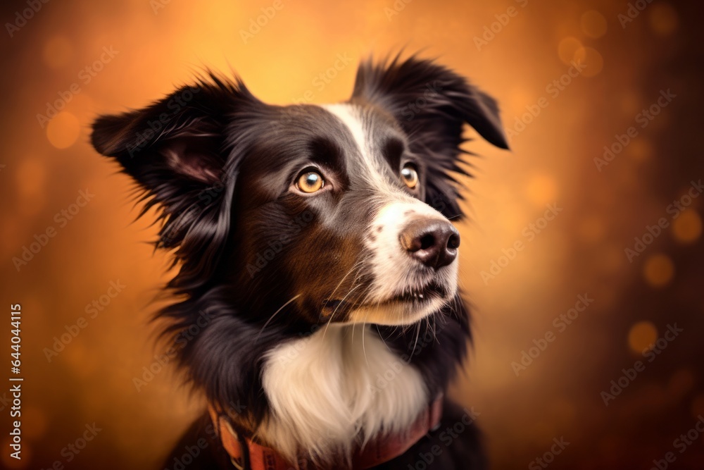 Photography in the style of pensive portraiture of a cute border collie wearing a light-up collar against a rustic brown background. With generative AI technology