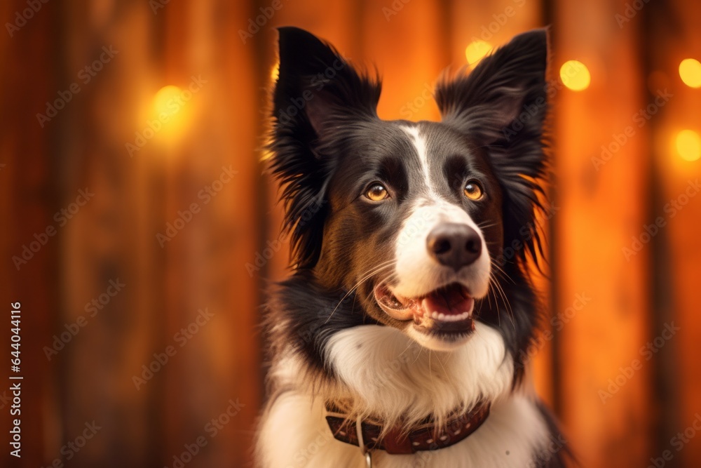 Photography in the style of pensive portraiture of a cute border collie wearing a light-up collar against a rustic brown background. With generative AI technology