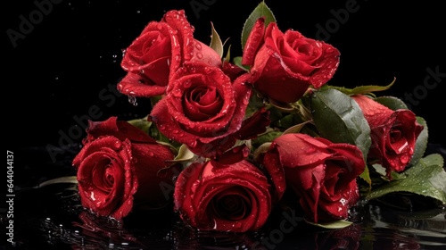 Red roses with water drops on black background. Valentines day background. Mother s day concept with a space for a text. Valentine day concept with a copy space.