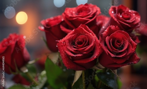 Beautiful red roses in basket on blurred background  closeup view. Mother s day concept with a space for a text. Valentine day concept with a copy space.