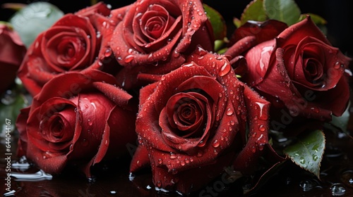 Red roses with water drops on black background. Valentines day concept. Mother s day concept with a space for a text. Valentine day concept with a copy space.
