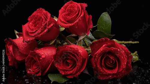 Bouquet of red roses with water drops on black background. Mother's day concept with a space for a text. Valentine day concept with a copy space.