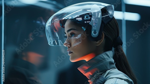 Model showcasing a futuristic headgear with a visor, set in a digital command center