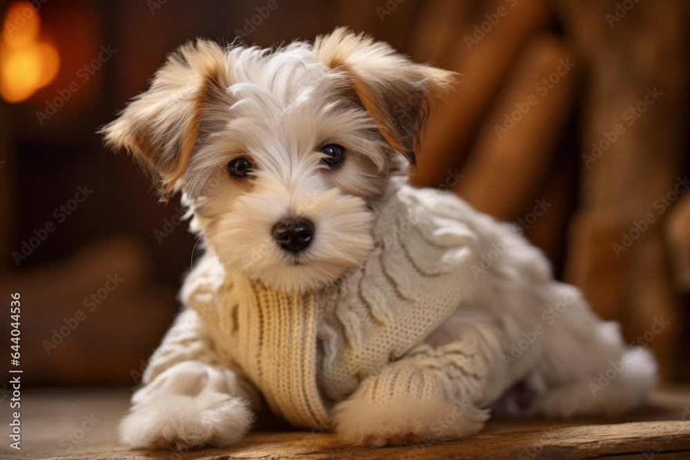 Environmental portrait photography of a cute lowchen dog wearing a cashmere sweater against a rustic brown background. With generative AI technology