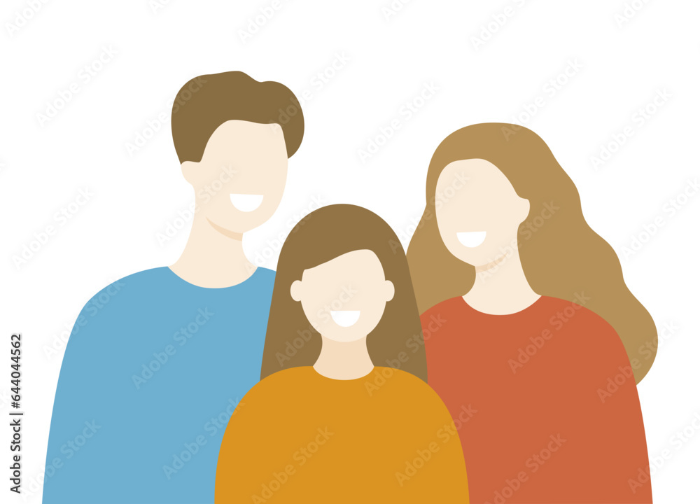 Happy Family Portrait. Smiling man and woman parent and child daughter together. Relationship concept. Flat people character vector design isolated illustration. Happy Family Portrait. Smiling man and woman parent and child daughter together. Relationship concept. Flat people character vector design isolated illustration.