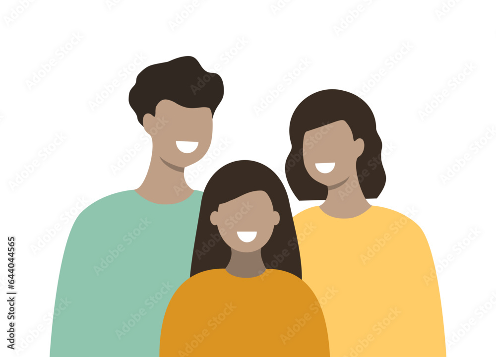 Fototapeta premium Happy Family Portrait. Smiling man and woman parent and child daughter together. Relationship concept. Flat people character vector design isolated illustration.