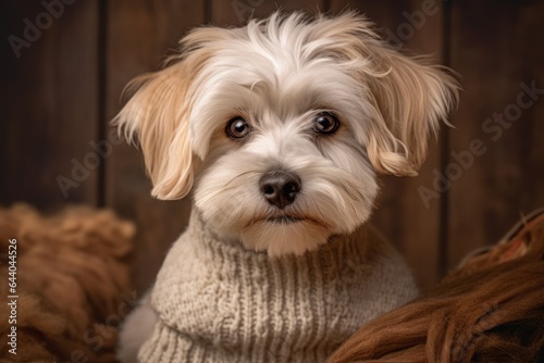Environmental portrait photography of a cute lowchen dog wearing a cashmere sweater against a rustic brown background. With generative AI technology